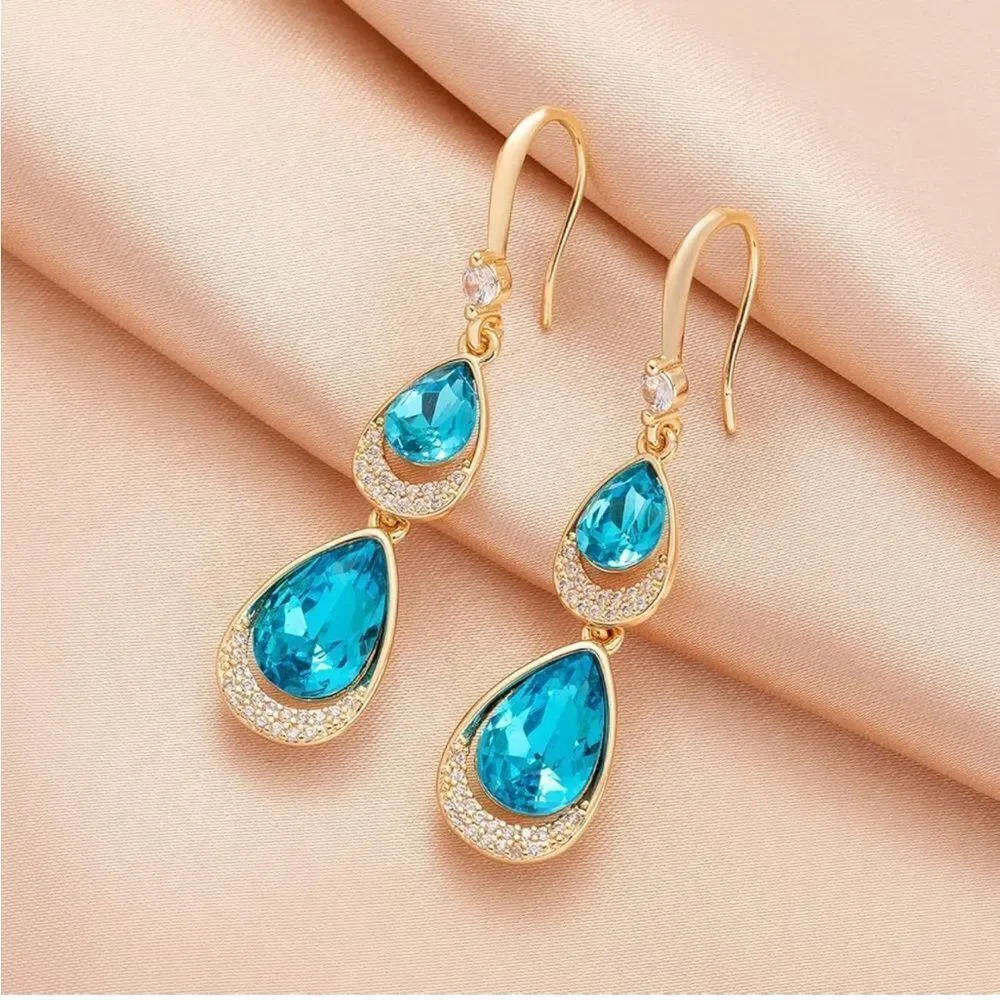 14K Yellow Gold with Bermuda Blue Austrian Crystal Double Teardrop Hook Earrings